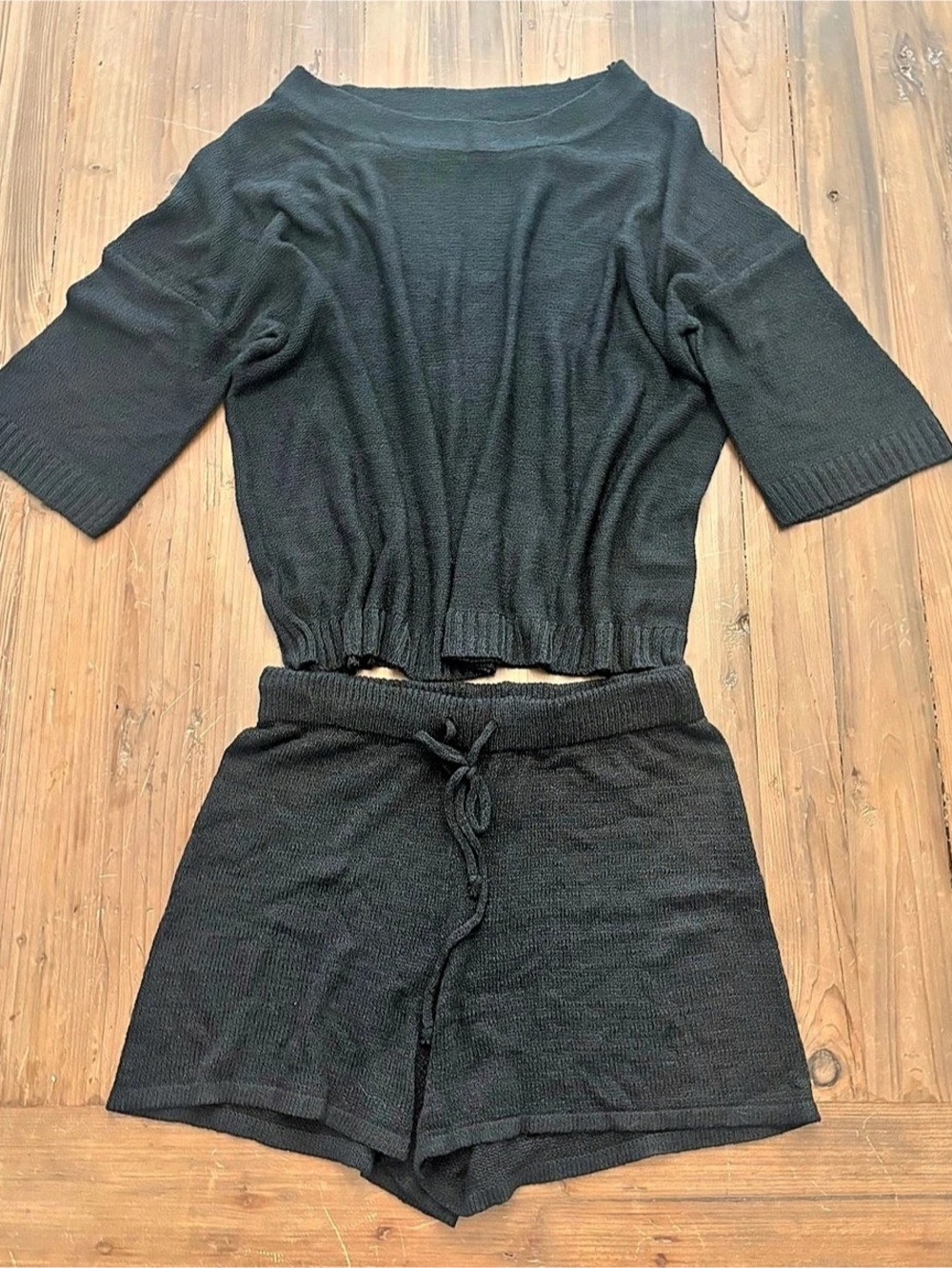 NWOT Black Knit Lounge Set Short Sleeve Boatneck Sweater Drawstring Shorts L